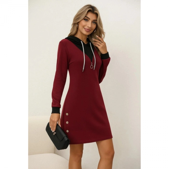 Kadın Uzun Kollu Kapşonlu önden Fermuarlı Düğmeli Mini Iki Iplik Elbise