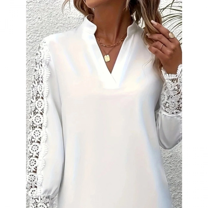 Kadın Uzun Kollu Hakim Yaka Kolları Dantel Detaylı Ithal Krep Bluz