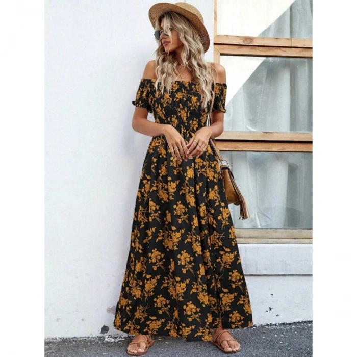 Kadın Kısa Kollu Madonna Yaka Yırtmaçlı çiçek Desenli Süprem Elbise