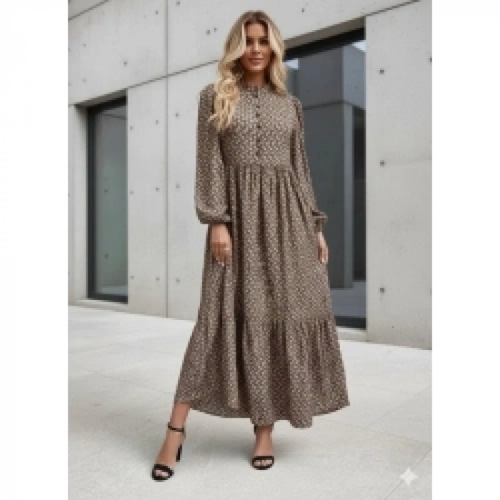 Kadın Uzun Kollu Hakim Yakalı Düğmeli Kemersiz Desenli Maxi Süprem Elbise