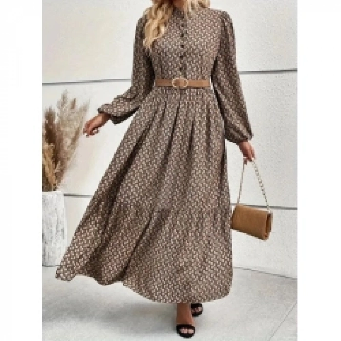 Kadın Uzun Kollu Hakim Yakalı Düğmeli Kemersiz Desenli Maxi Süprem Elbise