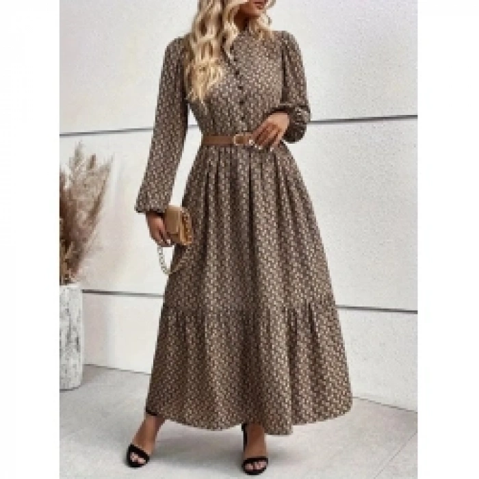 Kadın Uzun Kollu Hakim Yakalı Düğmeli Kemersiz Desenli Maxi Süprem Elbise