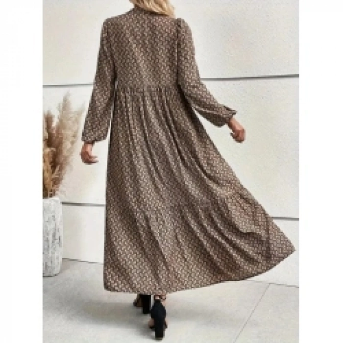 Kadın Uzun Kollu Hakim Yakalı Düğmeli Kemersiz Desenli Maxi Süprem Elbise