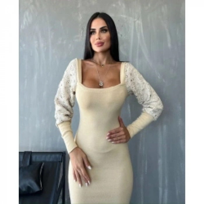 Kadın Kare Yaka Kolları Manşet Ve Tül Detay Fırsat ürün Midi Boy Elbise