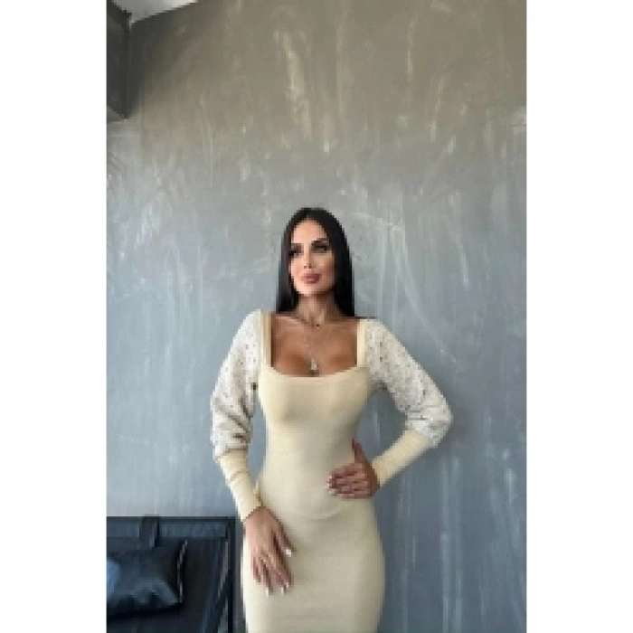 Kadın Kare Yaka Kolları Manşet Ve Tül Detay Fırsat ürün Midi Boy Elbise