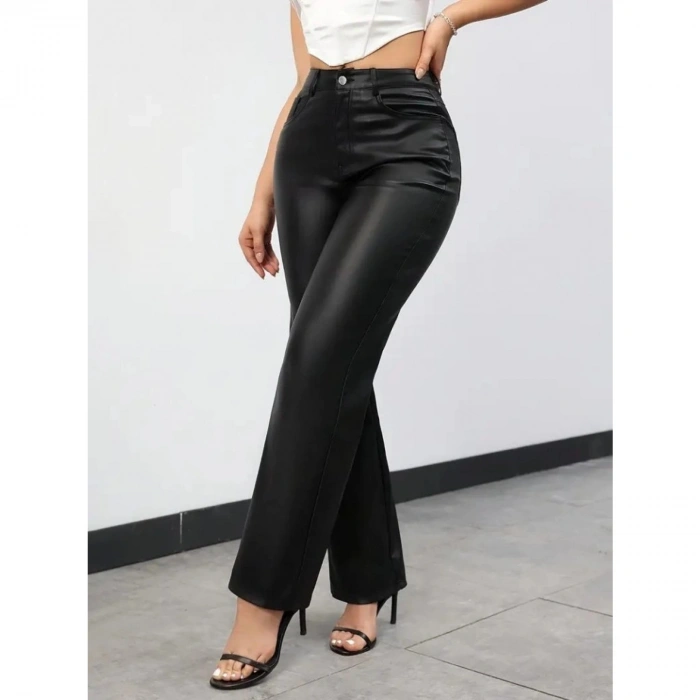 Kadın Yüksek Bel Cepli Deri Pantolon