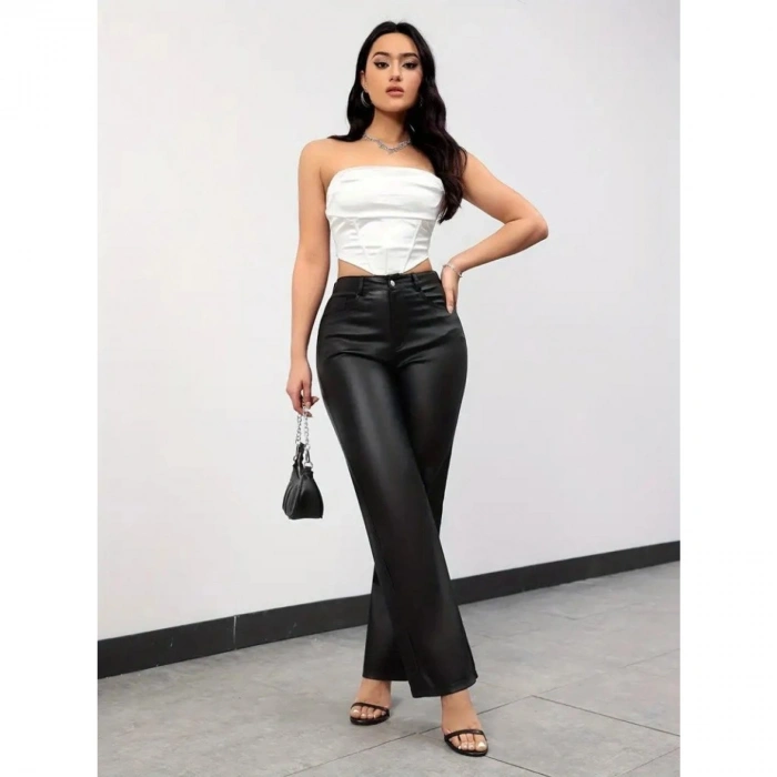 Kadın Yüksek Bel Cepli Deri Pantolon
