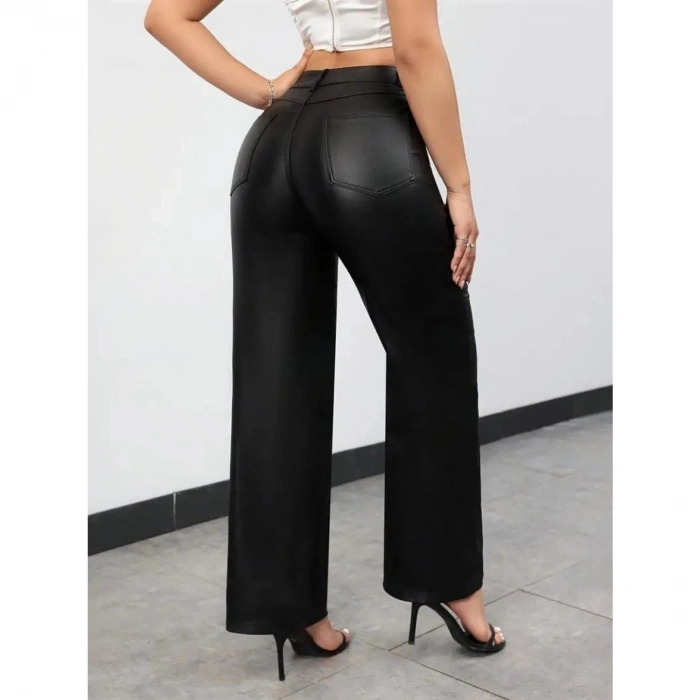 Kadın Yüksek Bel Cepli Deri Pantolon