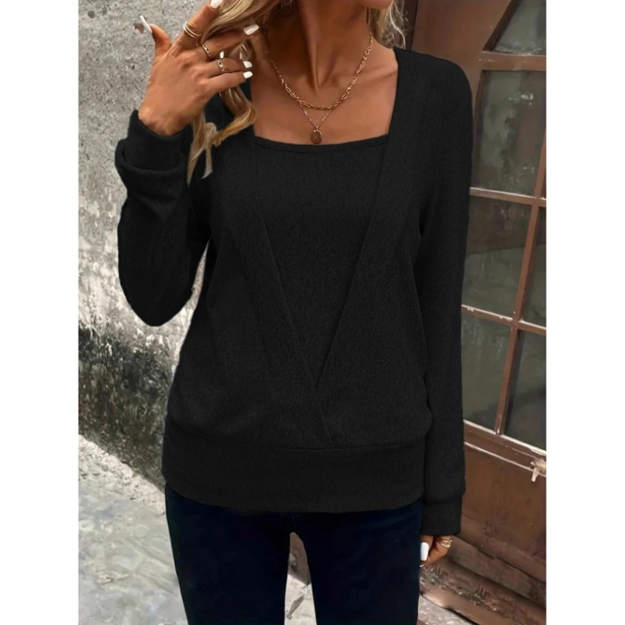 Kadın Uzun Kollu Kruvaze Yaka Kol Ve Etek Ucu Manşet Detay Yumoş Bluz