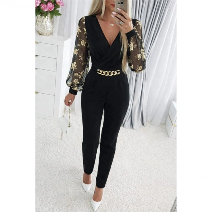 Kadın Uzun Kollu Kruvaze Yakalı Kolları çiçek Desenli Janjan Krep Tulum