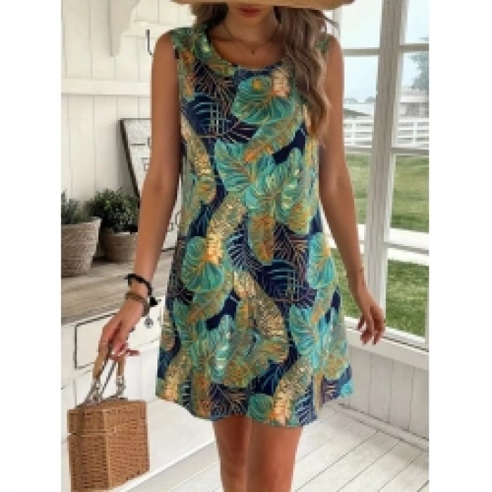 Kadın Sıfır Kollu Yuvarlak Yaka Desenli Süprem Elbise