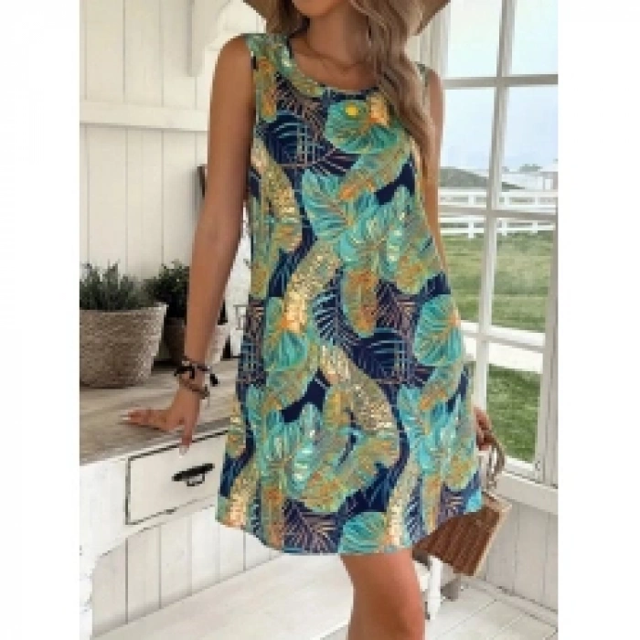 Kadın Sıfır Kollu Yuvarlak Yaka Desenli Süprem Elbise