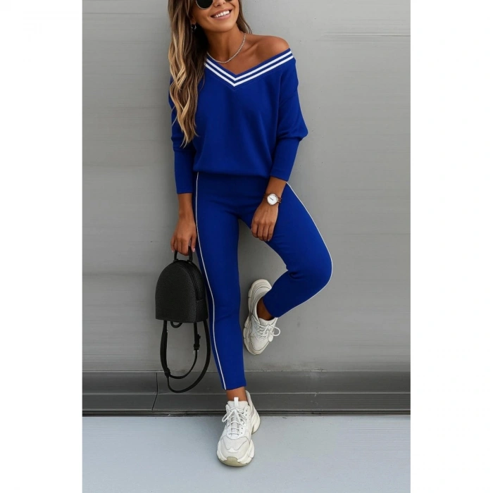 Kadın Uzun Kollu Tek Omuzu Açık Detaylı Viskon Iki Iplik Bluz Ve Pantolon Ikili Takım