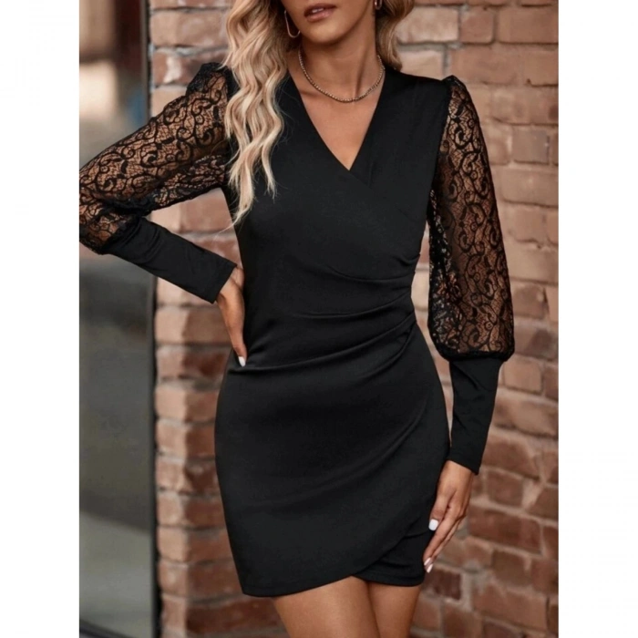 Kadın Uzun Kollu Kruvaze Yaka Kollar Tül Detay Krep Mini Boy Elbise