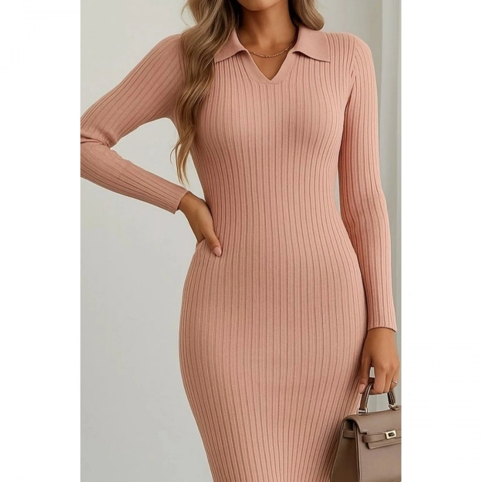 Kadın Uzun Kollu Yakalı Triko Elbise