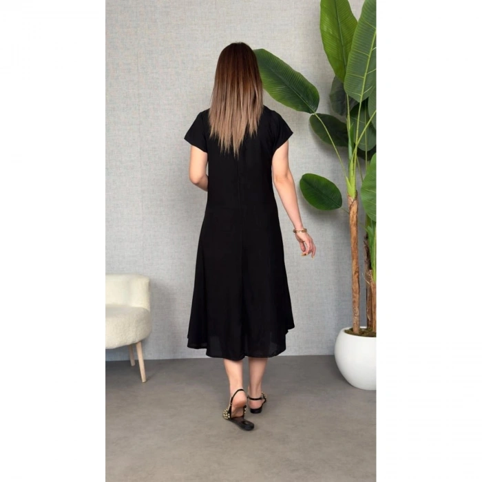 Kadın Kısa Kollu V Yaka Salaş Maxi Boy Elbise