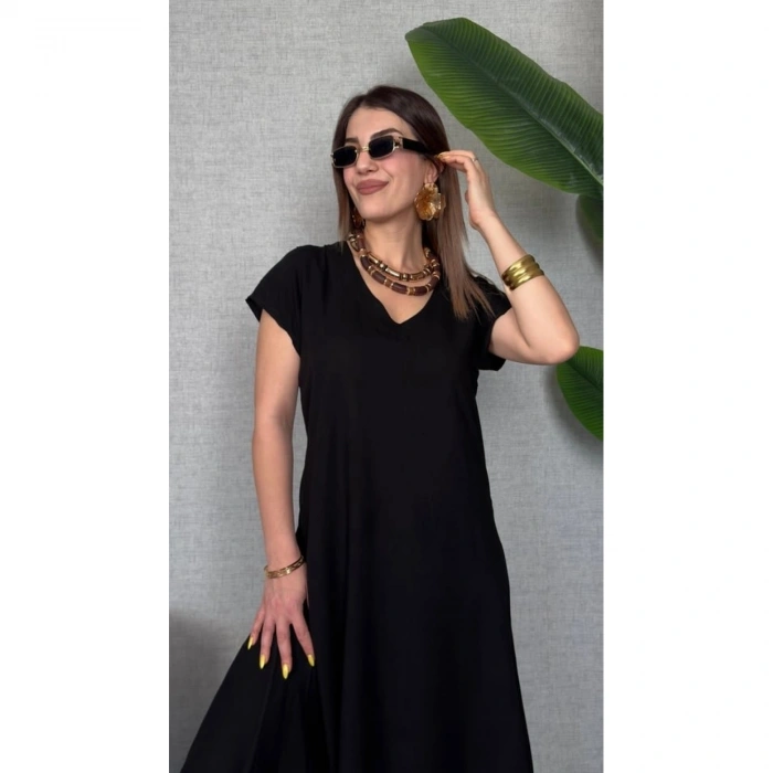 Kadın Kısa Kollu V Yaka Salaş Maxi Boy Elbise