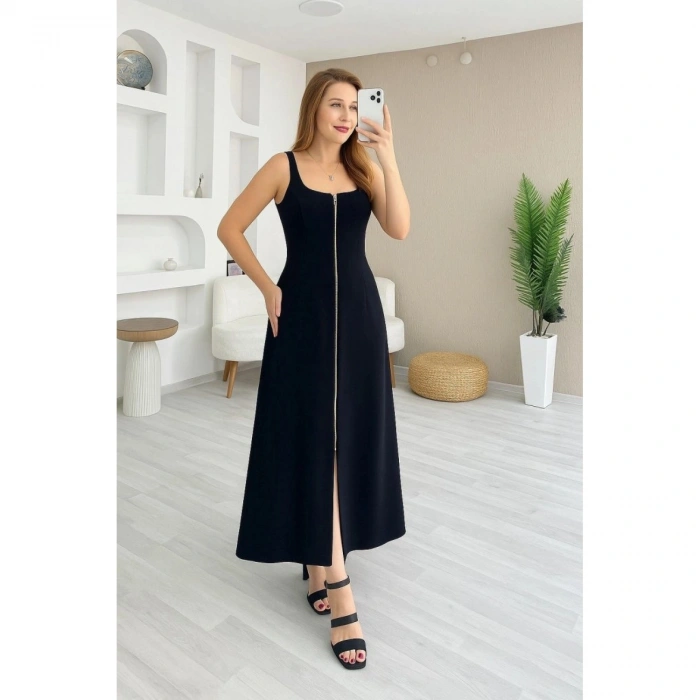 Kadın Askılı Kare Yaka önden Fermuarlı Geniş Kesim Janjan Krep Elbise