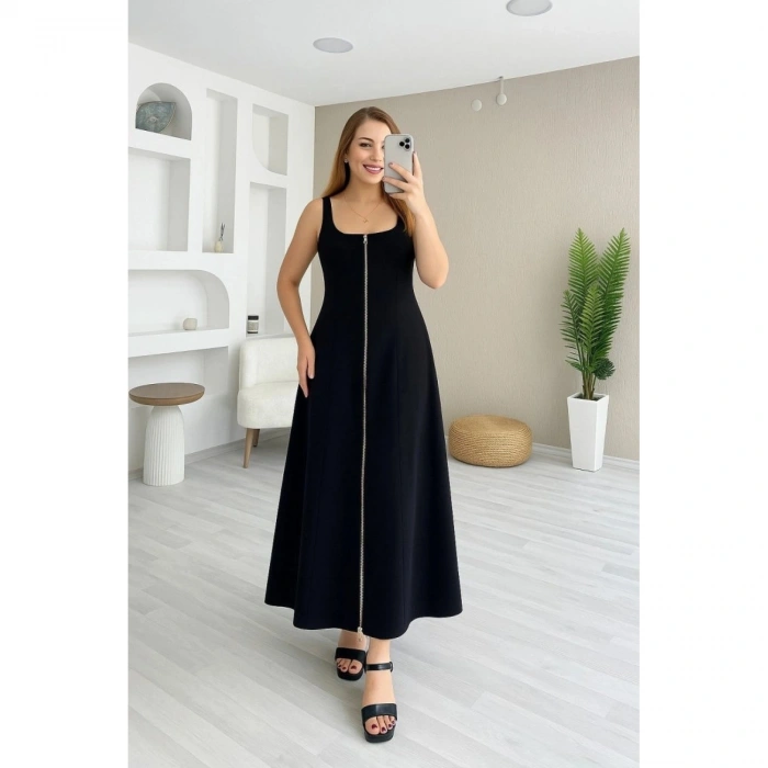 Kadın Askılı Kare Yaka önden Fermuarlı Geniş Kesim Janjan Krep Elbise