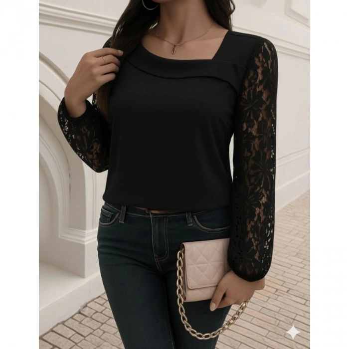 Kadın Uzun Kollu Asimetrik Yakalı Dantelli Ithal Krep Bluz