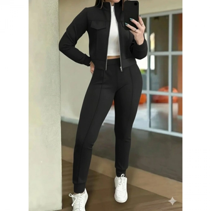 Kadın Uzun Kollu önden Fermuarlı Kısa Modal Ceket Ve Pantolon Ikili Takım