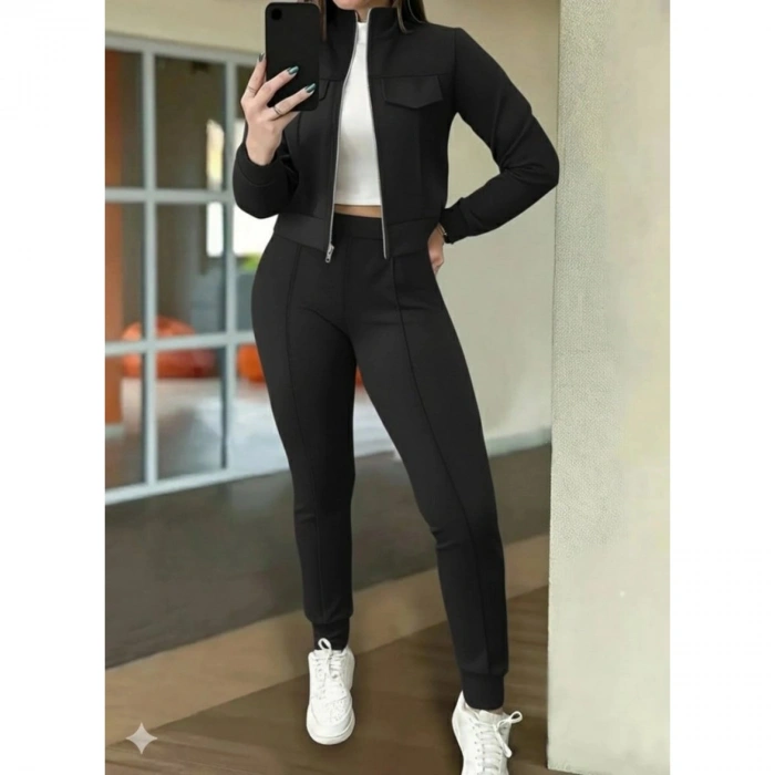 Kadın Uzun Kollu önden Fermuarlı Kısa Modal Ceket Ve Pantolon Ikili Takım