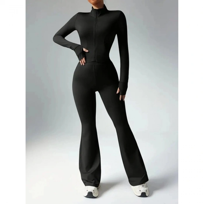 Kadın Uzun Kollu önden Fermuarlı Kısa Dalgıç Bluz Ve Pantolon Ikili Takım