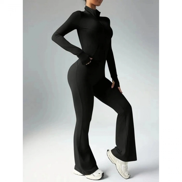 Kadın Uzun Kollu önden Fermuarlı Kısa Dalgıç Bluz Ve Pantolon Ikili Takım