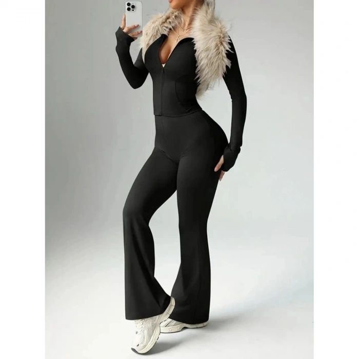 Kadın Uzun Kollu önden Fermuarlı Kısa Dalgıç Bluz Ve Pantolon Ikili Takım