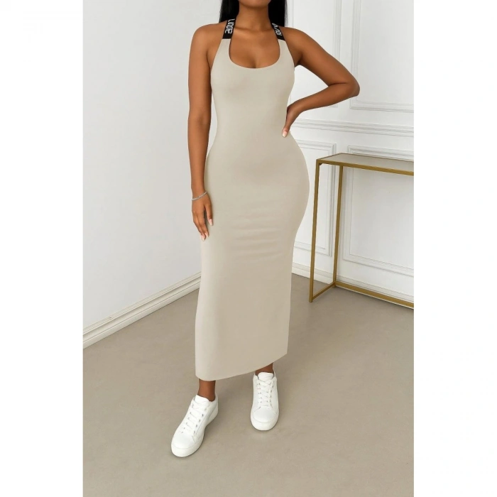 Kadın Yuvarlak Yaka Sırttan çapraz şerit Love Detaylı Yırtmaçlı Viskon Elbise