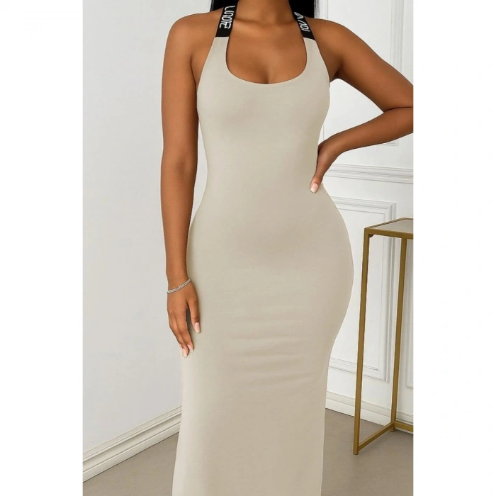 Kadın Yuvarlak Yaka Sırttan çapraz şerit Love Detaylı Yırtmaçlı Viskon Elbise