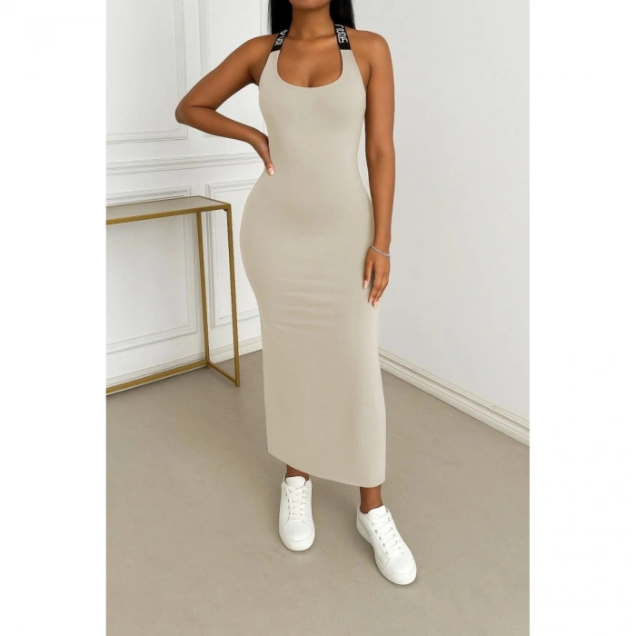 Kadın Yuvarlak Yaka Sırttan çapraz şerit Love Detaylı Yırtmaçlı Viskon Elbise