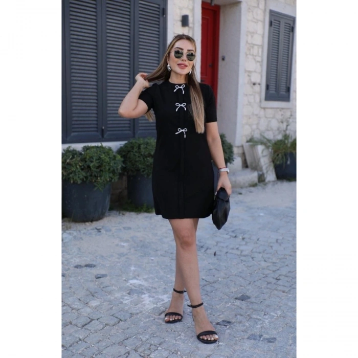 Kadın Kısa Kollu Bisiklet Yaka önden Fiyonk Detaylı Ithal Krep Elbise