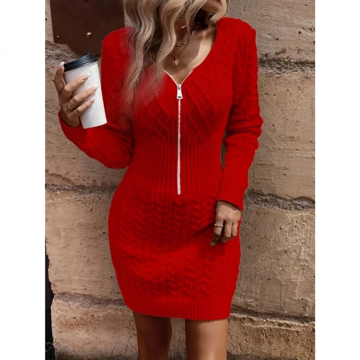 Kadın Uzun Kollu V Yakalı önden Fermuarlı Kısa Triko Elbise