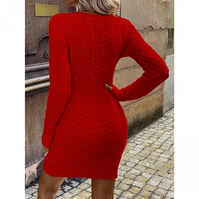 Kadın Uzun Kollu V Yakalı önden Fermuarlı Kısa Triko Elbise