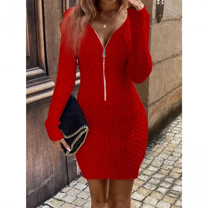 Kadın Uzun Kollu V Yakalı önden Fermuarlı Kısa Triko Elbise