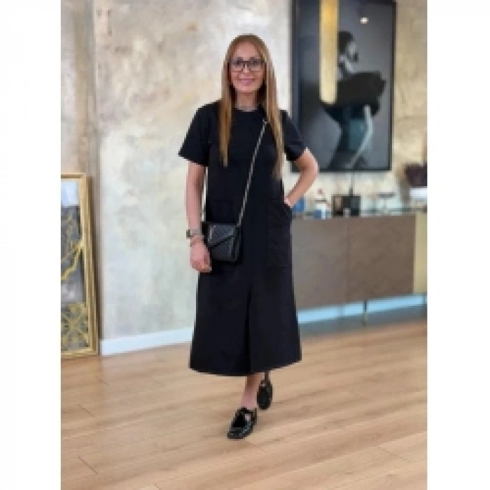 Kadın Kısa Kollu Bisiklet Yakalı Cepli önden Yırtmaçlı Viskon Iki Iplik Midi Elbise