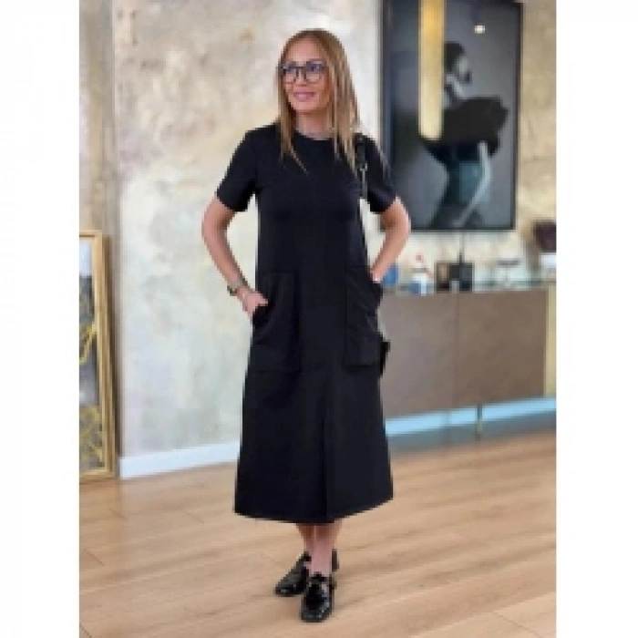 Kadın Kısa Kollu Bisiklet Yakalı Cepli önden Yırtmaçlı Viskon Iki Iplik Midi Elbise