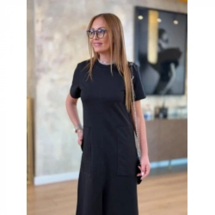 Kadın Kısa Kollu Bisiklet Yakalı Cepli önden Yırtmaçlı Viskon Iki Iplik Midi Elbise