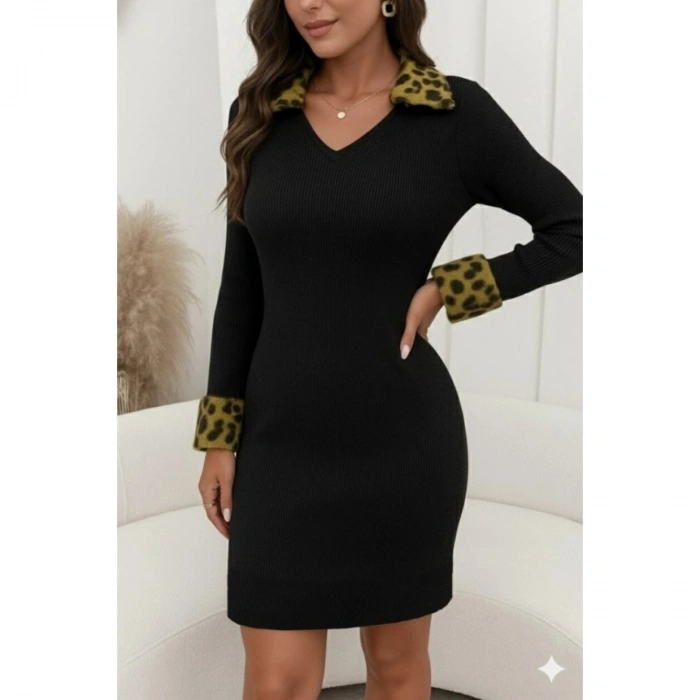 Kadın Uzun Kollu V Yakalı Kürk Detaylı Kaşkorse Elbise