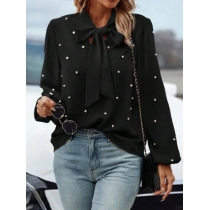 Kadın Uzun Kollu Yakadan Fiyonklu Incili Ithal Krep Bluz