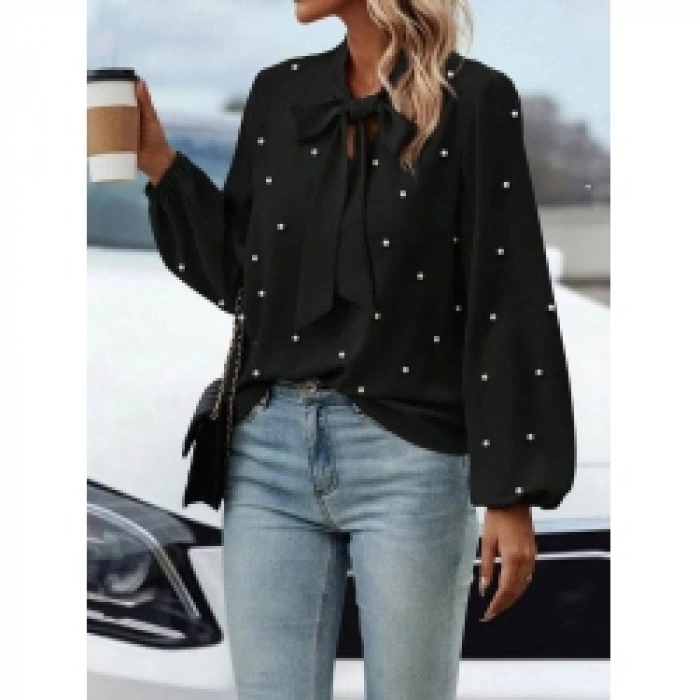 Kadın Uzun Kollu Yakadan Fiyonklu Incili Ithal Krep Bluz