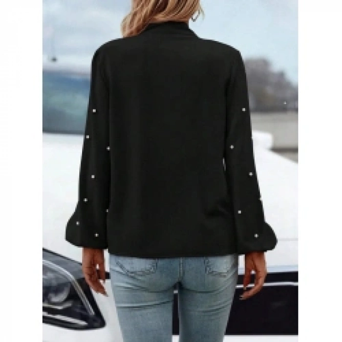 Kadın Uzun Kollu Yakadan Fiyonklu Incili Ithal Krep Bluz