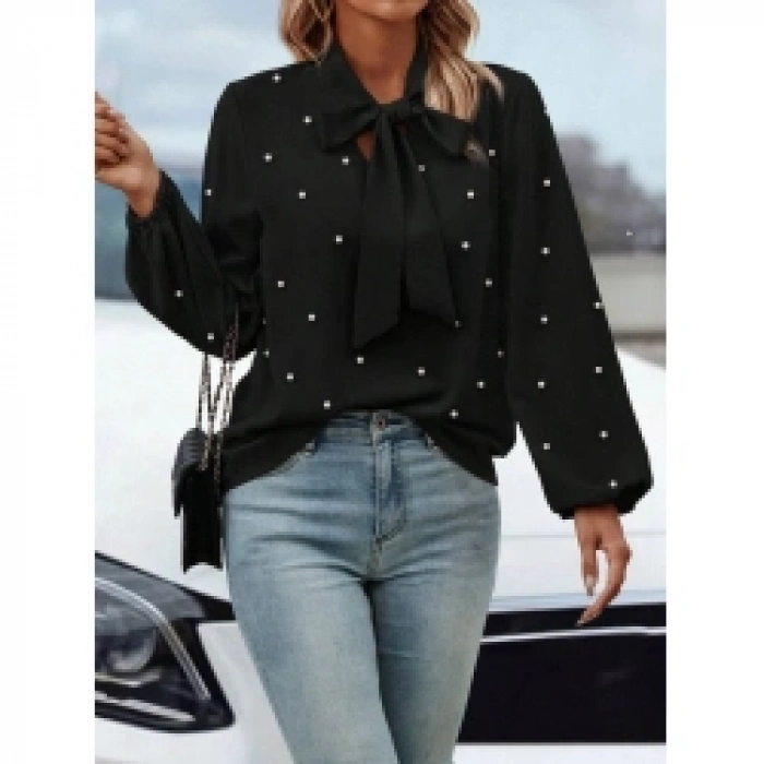 Kadın Uzun Kollu Yakadan Fiyonklu Incili Ithal Krep Bluz