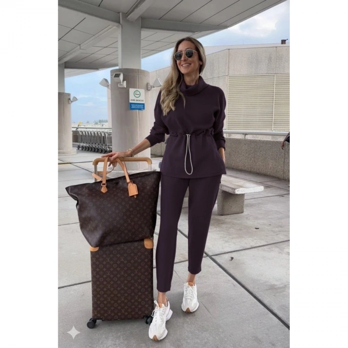 Kadın Uzun Kollu Balıkçı Yaka Belden Lastikli Modal Bluz Ve Pantolon Ikili Takım