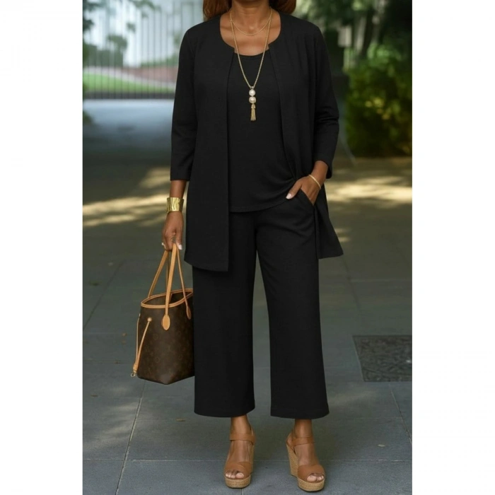 Kadın Uzun Kollu önü Açık Modal Ceket Kolsuz Viskon Iki Iplik Bluz Ve Pantolon üçlü Takım