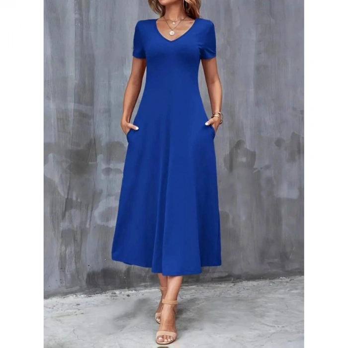 Kadın Kısa Kollu V Yakalı Cepli Viskon Elbise