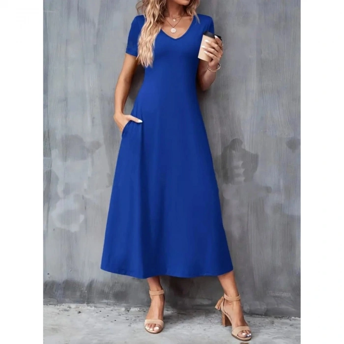 Kadın Kısa Kollu V Yakalı Cepli Viskon Elbise