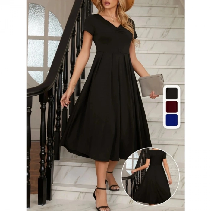 Kadın Kısa Kollu V Yakalı önden Pileli Midi Janjan Krep Elbise