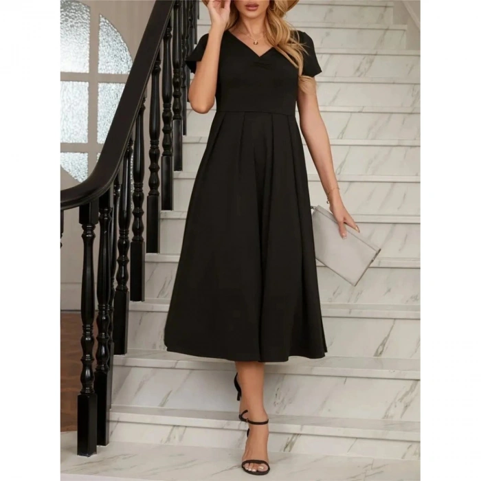Kadın Kısa Kollu V Yakalı önden Pileli Midi Janjan Krep Elbise